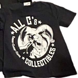 Black white Jester screen print  T shirt Boys Medium  NEW